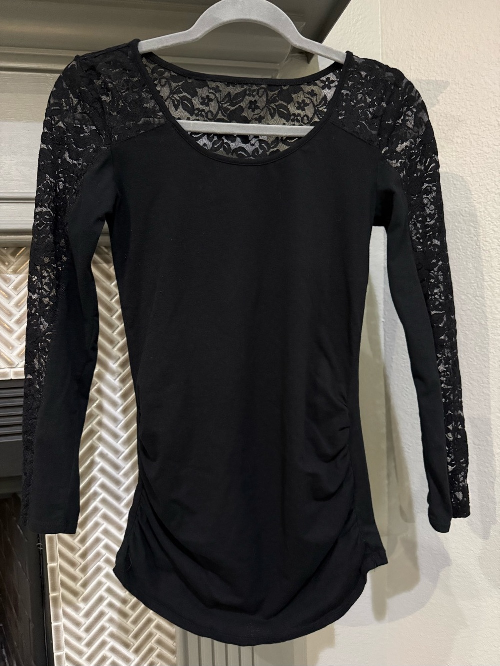 Black Lace-Shoulder Scoop Neck Long Sleeve Top